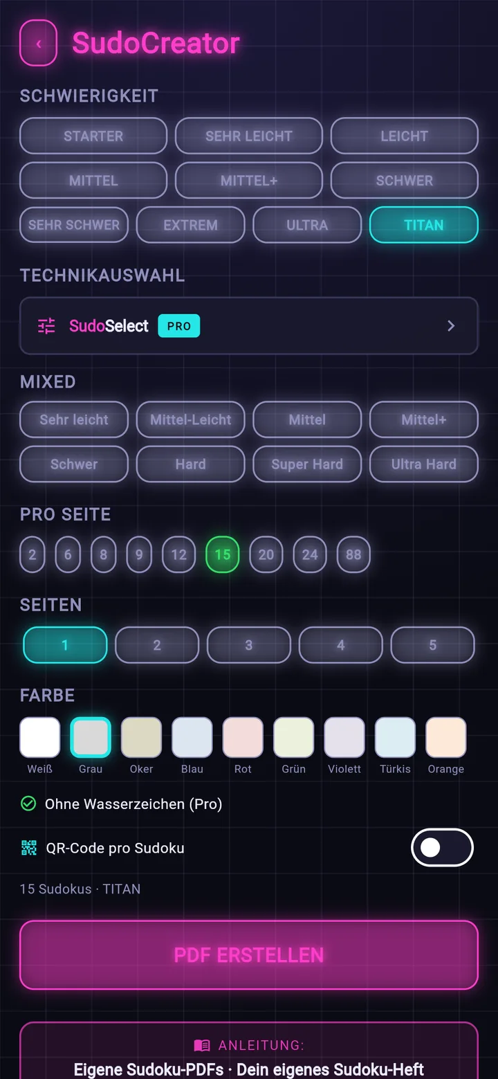 SudoCreator: Einstellungen für das eigene Sudoku-Heft