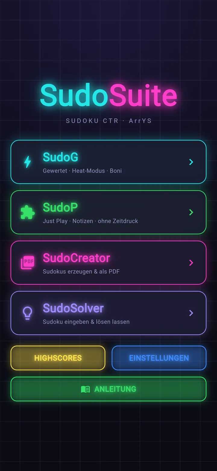 Hauptmenü von SudoSuite mit den vier Modulen
