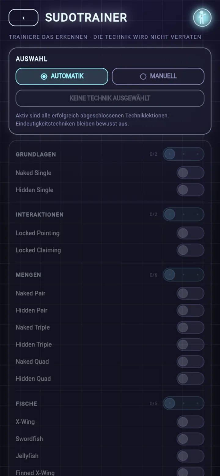 SudoTrainer: choosing which techniques to be tested on, grouped by family