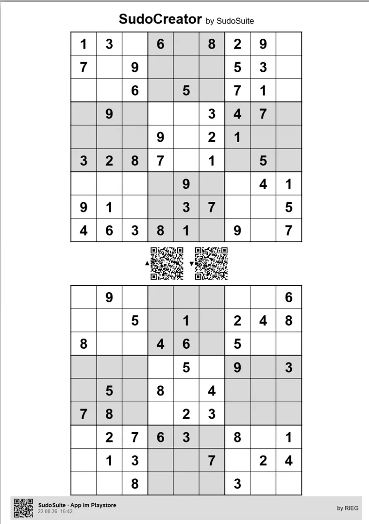 Sudoku-Blatt mit 2 Rätseln, graues Papier, mit Lösungs-QR