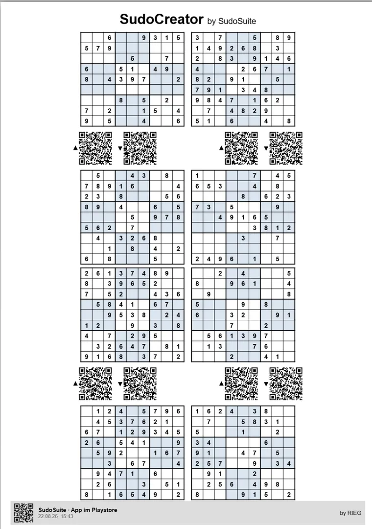 Sudoku-Blatt mit 8 Rätseln, blaues Papier, mit Lösungs-QR