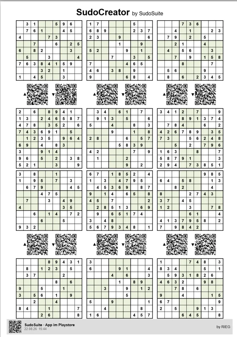 Sudoku-Blatt mit 12 Rätseln, grünes Papier, mit Lösungs-QR
