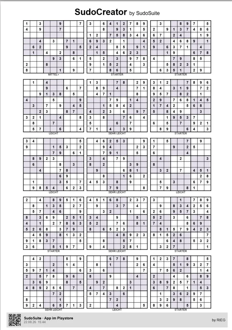 Sudoku-Blatt mit 15 Rätseln, violettes Papier, ohne QR
